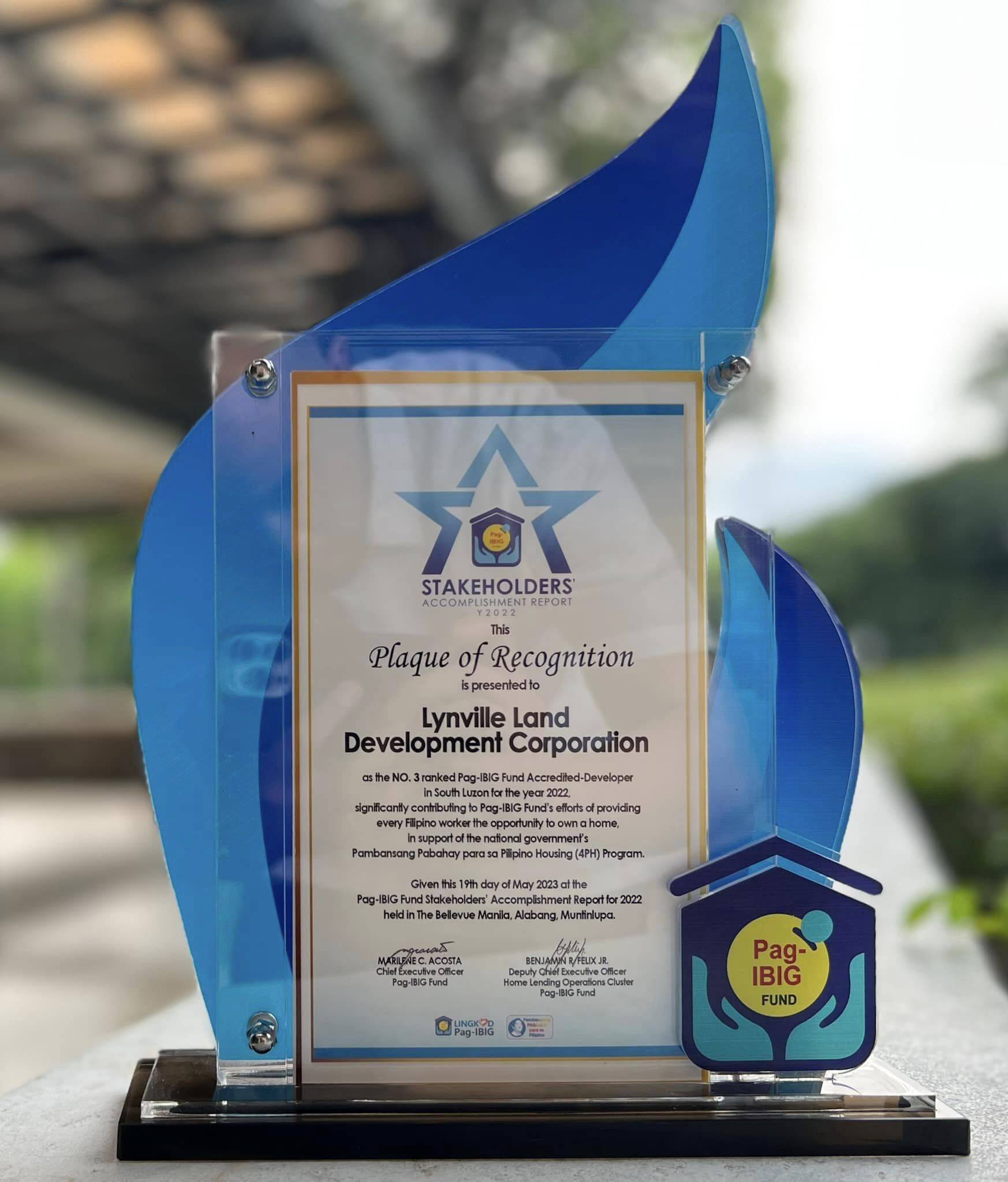 Lynville Honored as Top Developer in Southern Luzon by Pag-IBIG